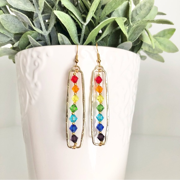 New Sparkling Glass Crystal 18k Gold Plated Hooks Dangling Hoop Rainbow Earrings - Picture 9 of 11